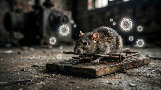 Macro shot of a rat near a rusty mousetrap in a dirty warehouse with hantavirus particles representing disease transmission and rodent infestation