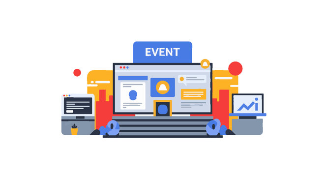 Online Event Management and Digital Technology Concept. Modern Flat Vector Illustration of Virtual Conference, Webinar, or Live Stream Platform.