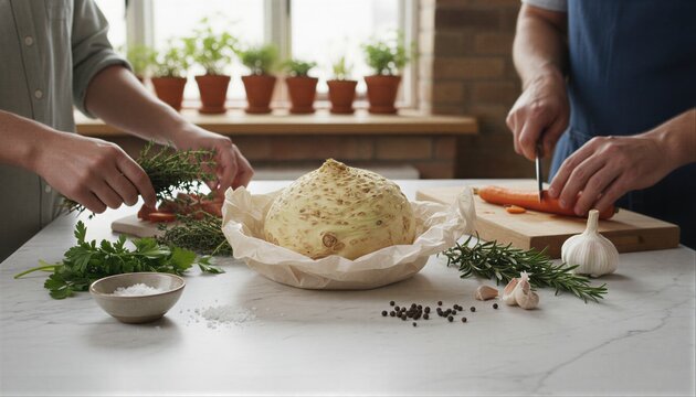 Friends preparing fresh celeriac in a warm home kitchen