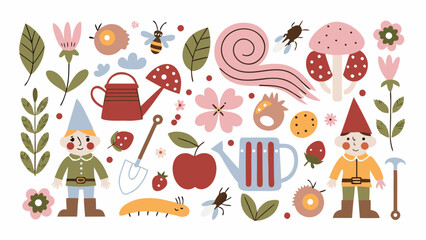 charming garden illustration with gnomes flowers insects and gardening tools on a white background high quality professional detailed © SayanKumar