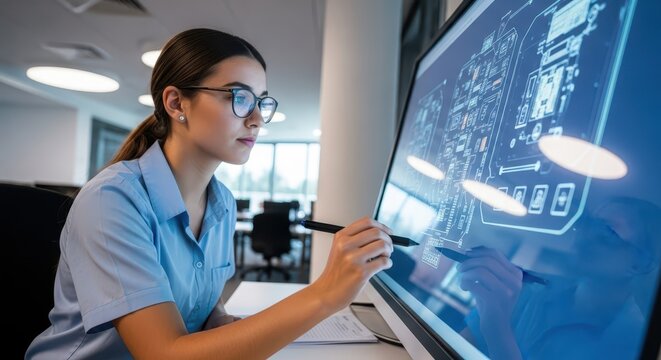 A focused female engineer wearing glasses meticulously reviews a complex technical blueprint displayed on a large, illuminated digital screen in a professional workspace, employing a stylus