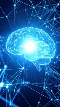 Luminous human brain model with glowing neural network connections. Digital visualization of cognitive processes and artificial intelligence. Panning camera movement.