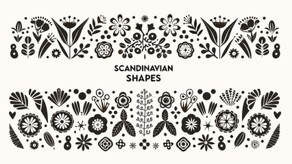 black floral ornament arrangement scandinavian folk art style with decorative botanical shapes on white background high quality professional © Sarathi