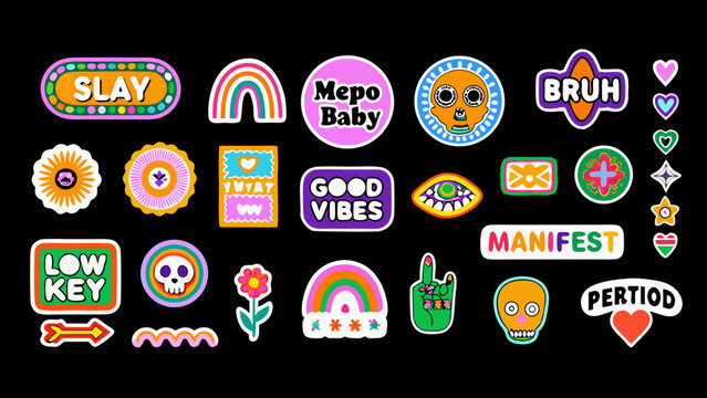 collection of colorful digital stickers and badges with playful typography on a black background high quality professional detailed
