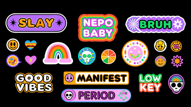 Collection of colorful vector stickers and badges with trendy slang and graphic designs on black background high quality