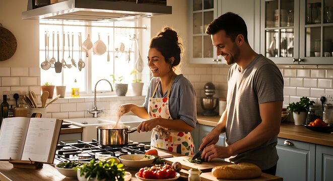 Couple cooking together in kitchen.