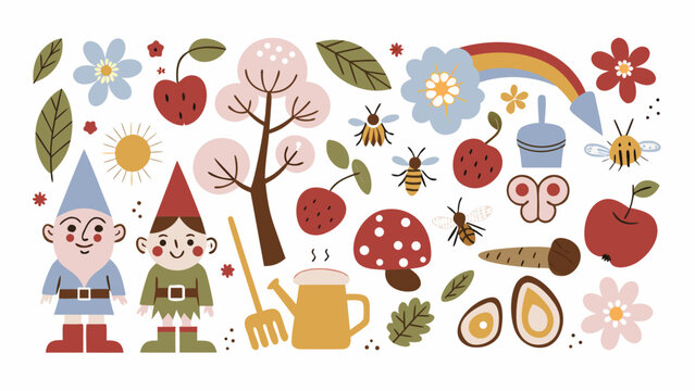 whimsical illustration of gnomes flowers insects and fruit on a white background high quality professional detailed modern elegant