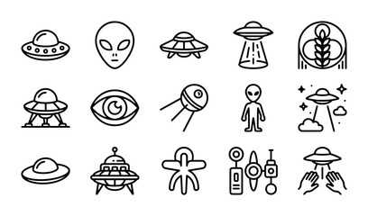 Alien UFO Icons, Extraterrestrial Spaceship Symbols, Sci-Fi Vector Graphics, Space Exploration Set © Sultana
