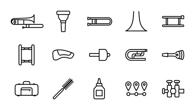 Brass Instrument Parts Icons, Trombone Components, Music Accessories, Vector Set