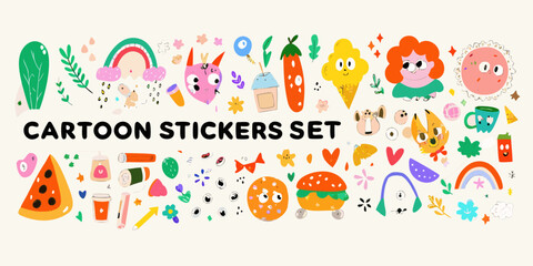 Obraz premium Colorful cartoon sticker set with whimsical illustrations of food plants and cute characters on a cream background