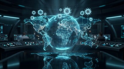 Obraz premium Holographic world map showing a global pandemic tracking system in a futuristic high tech command center laboratory environment