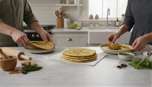 Friends serving warm rotis in a bright home kitchen
