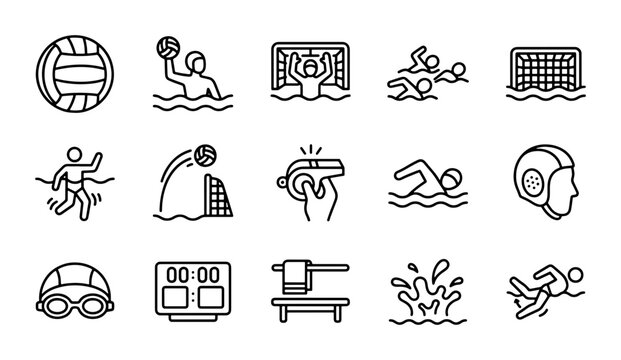 Water Polo Icons Set, Sport Game Vector Graphics, Athlete Action Symbols, Team Play Elements