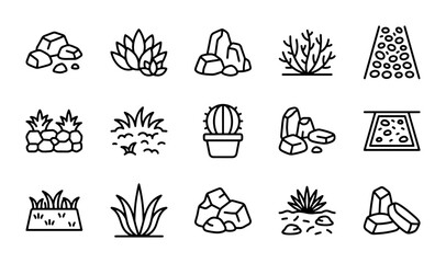 Desert Plants and Rocks Icons, Cactus, Succulent, Agave, Stone Set, Vector Graphics © Nabila
