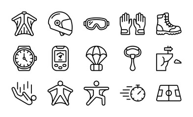 Skydiving and Extreme Sports Icons: Wingsuit, Parachute, Helmet, Boots, Stopwatch, 15 Vector Elements © Nabila