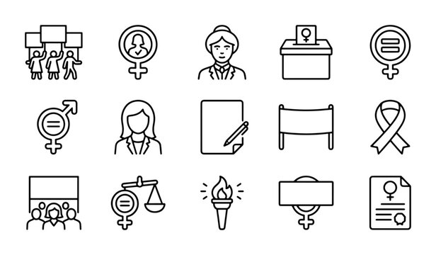 Feminism Icons Set: Equality, Voting, Protest, Torch, Justice, Women's Rights Vector Graphics