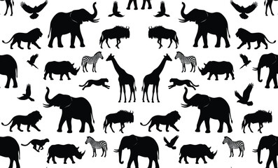 African safari animal pattern featuring silhouettes of elephant giraffe lion zebra rhino and birds for wildlife textile design © MdSohel