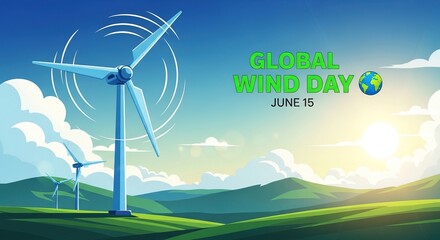 Fototapeta premium Wind turbines on green hills with clouds and sun