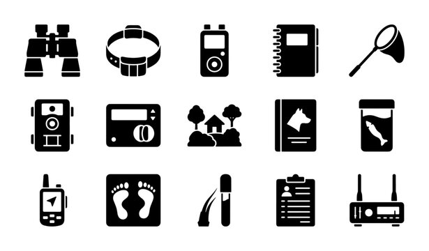 Outdoor Gear Icons: Hunting, Tracking, and Wildlife Observation Vector Set
