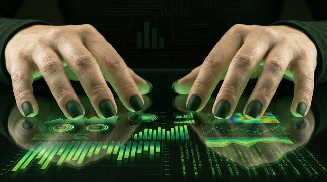 Woman's hands over dark glass desk with erupting holographic big data dashboard charts and matrix analytics, business intelligence dark concept.