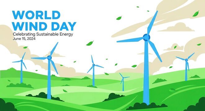 Wind turbines celebrating World Wind Day on green hills with clear skies