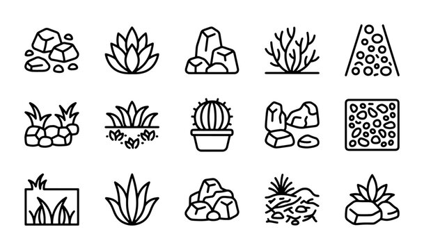 Succulent & Cactus Icons, Desert Plants, Rock Garden Elements, Vector Set