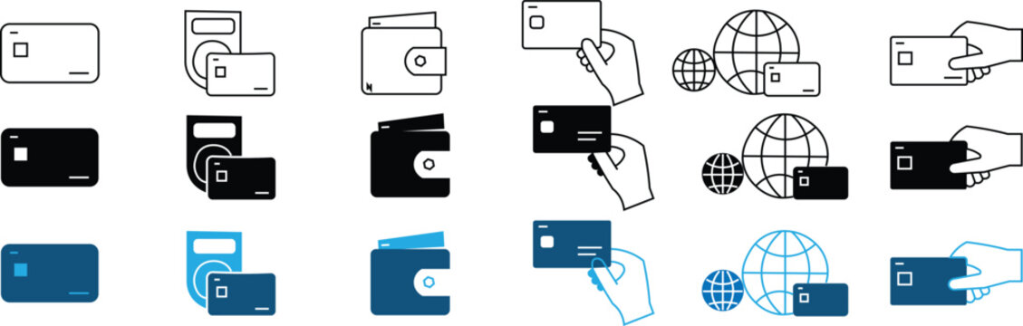 Credit card icon set. Credit card payment icons symbol. Hand swipe credit card flat icon for online payment. Seamless payment options with modern credit card icons
