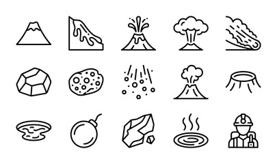 Volcano and Geology Icons Set: Eruption, Lava, Meteorite, Hot Spring, Miner © Mitu
