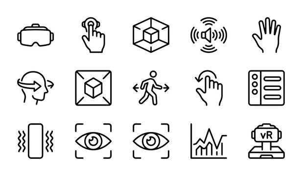 Virtual Reality Icons Set, VR Technology Symbols, Augmented Reality Graphics, Digital Interface Elements