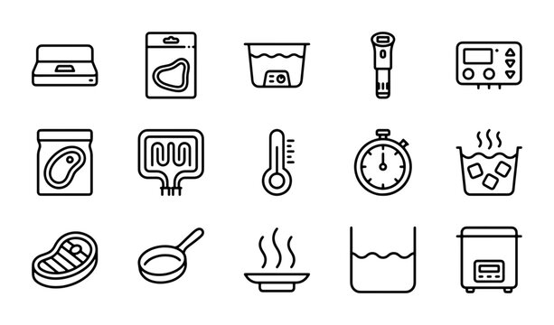 Sous Vide Cooking Icons Set, Culinary Equipment Vector Graphics, Food Preparation Symbols