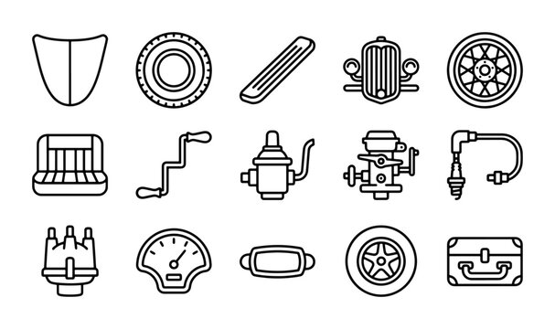 Vintage Car Parts Icons, Retro Auto Components Set, Classic Vehicle Elements Collection