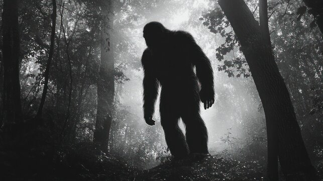 silhouette of a towering hairy humanoid in a misty forest, backlit trees and rays creating an eerie, suspenseful atmosphere