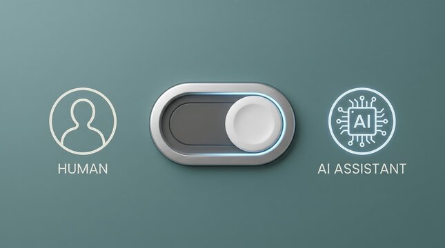 Digital toggle switch interface selecting artificial intelligence assistant over human control in a modern minimalist ui design concept for software automation