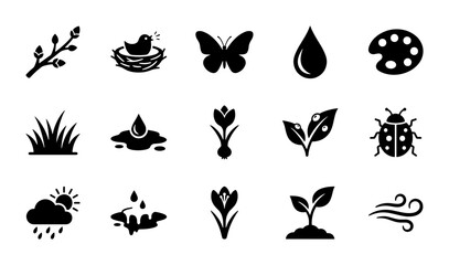 Spring Icons Set, Nature Elements Vector Graphics, Floral and Weather Symbols, 15 Icons © Jui
