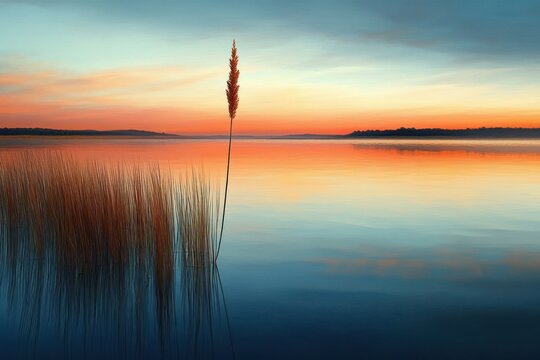 Solitary reed and cluster of marsh grasses reflected in a calm lake at sunset with pastel sky and tranquil solitude
