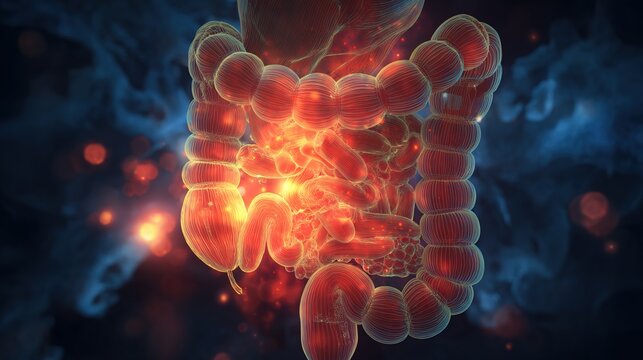 Inflammatory Bowel Disease 3D medical anatomical illustration, chronic inflammatory disorder of human digestive tract and intestinal lining, bowel inflammation, Crohn&rsquo;s disease and ulcerative colitis 