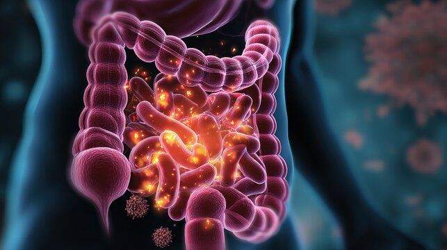Inflammatory Bowel Disease 3D medical anatomical illustration, chronic inflammatory disorder of human digestive tract and intestinal lining, bowel inflammation, Crohn&rsquo;s disease and ulcerative colitis 