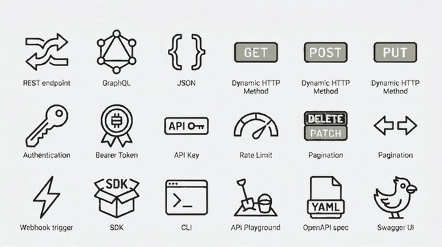 Developer icon set featuring api keys http methods coding symbols and programming tools in a clean vector style