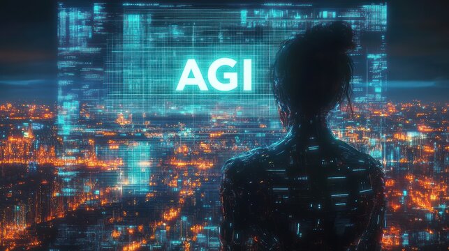 Cybernetic humanoid silhouetted against a neon metropolis, facing a glowing holographic display that reads AGI, evoking awe and futuristic anticipation