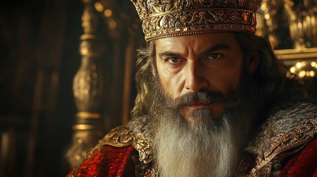 Solemn regal king wearing an ornate gold crown and red velvet fur-trimmed robe in an opulent throne room