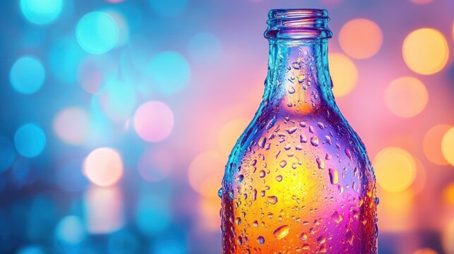Close-up of a wet glass bottle with water droplets against colorful bokeh lights, vibrant neon hues and a festive, refreshing mood