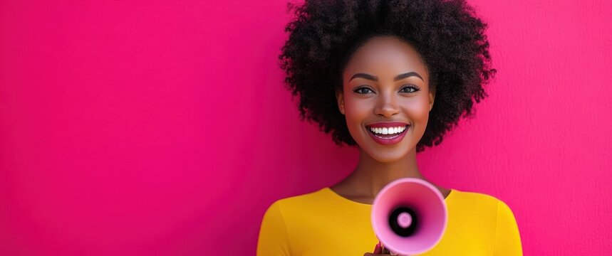 Person with afro hair and obscured face in yellow top holding pink megaphone against bright pink background, conveying confident assertive energy