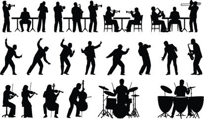 Large Collection of Musical Band Silhouettes Including Jazz Performers Brass Instruments String Section and Percussion Players for Creative Design © MdSohel