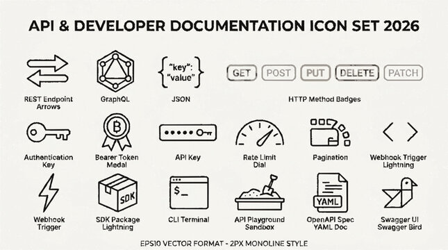 Monochrome api and developer tool icons including rest graphql http methods programming and frameworks