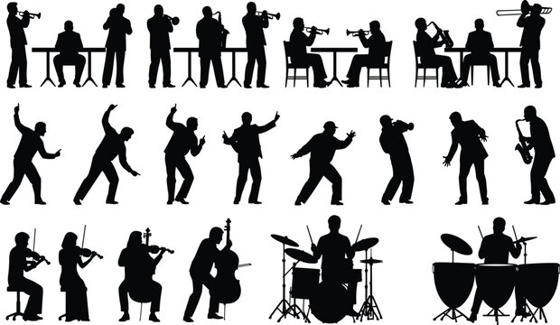 Large Collection of Musical Band Silhouettes Including Jazz Performers Brass Instruments String Section and Percussion Players for Creative Design