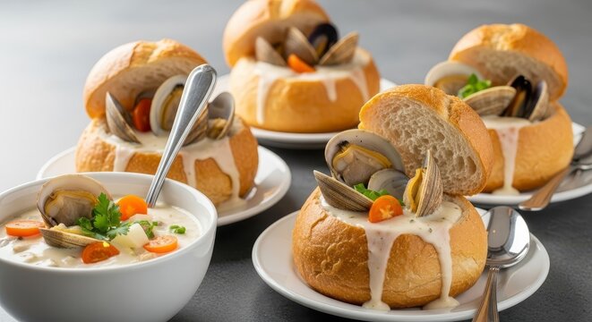 Rich Clam Chowder Served in Edible Bread Bowls with Fresh Garnish, a Delightful Seafood Dish