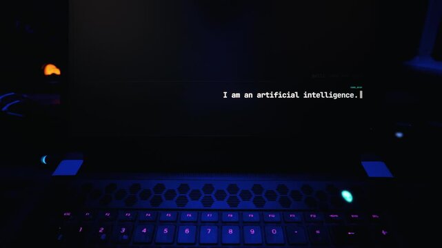 A backlit laptop screen displays a text dialogue between a human user and an artificial intelligence in a dark room setting. Concept of machine learning and future technology.