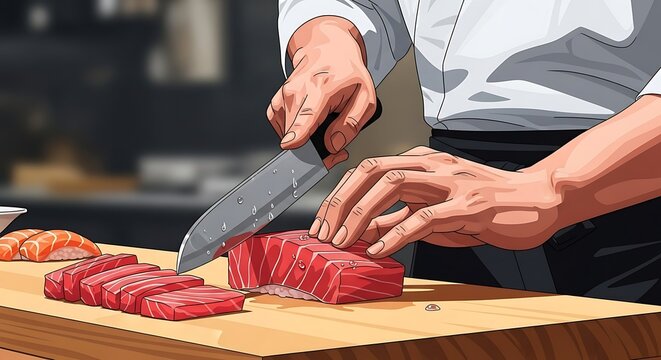 Chef cutting raw tuna on board.