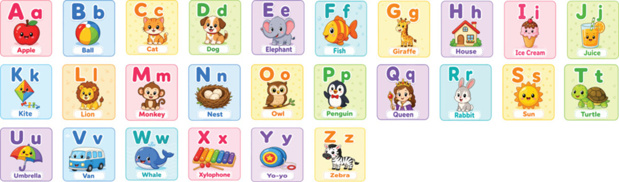 Colorful ABC Alphabet Learning Flashcards for Kids with Cute Animals and Objects, Preschool Educational Card Set