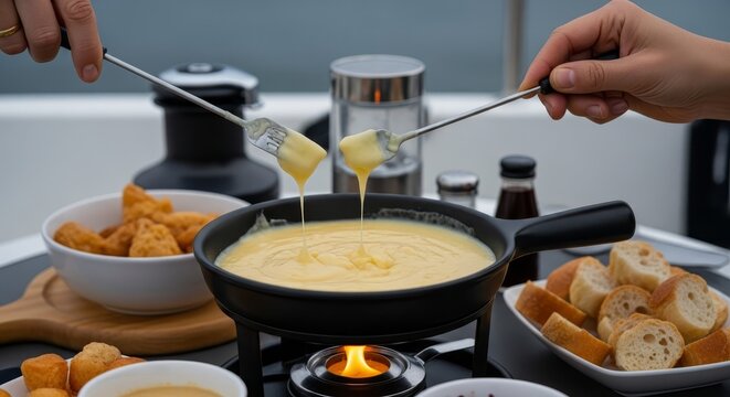 Delicious melted cheese fondue served in a pot with dipping forks, perfect for sharing at a gathering.